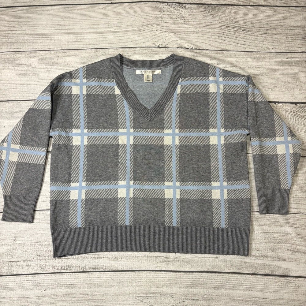 Max Studio Gray Plaid V-Neck Sweater Blue Windowpane Knit Pullover Plus‎ Size 1X